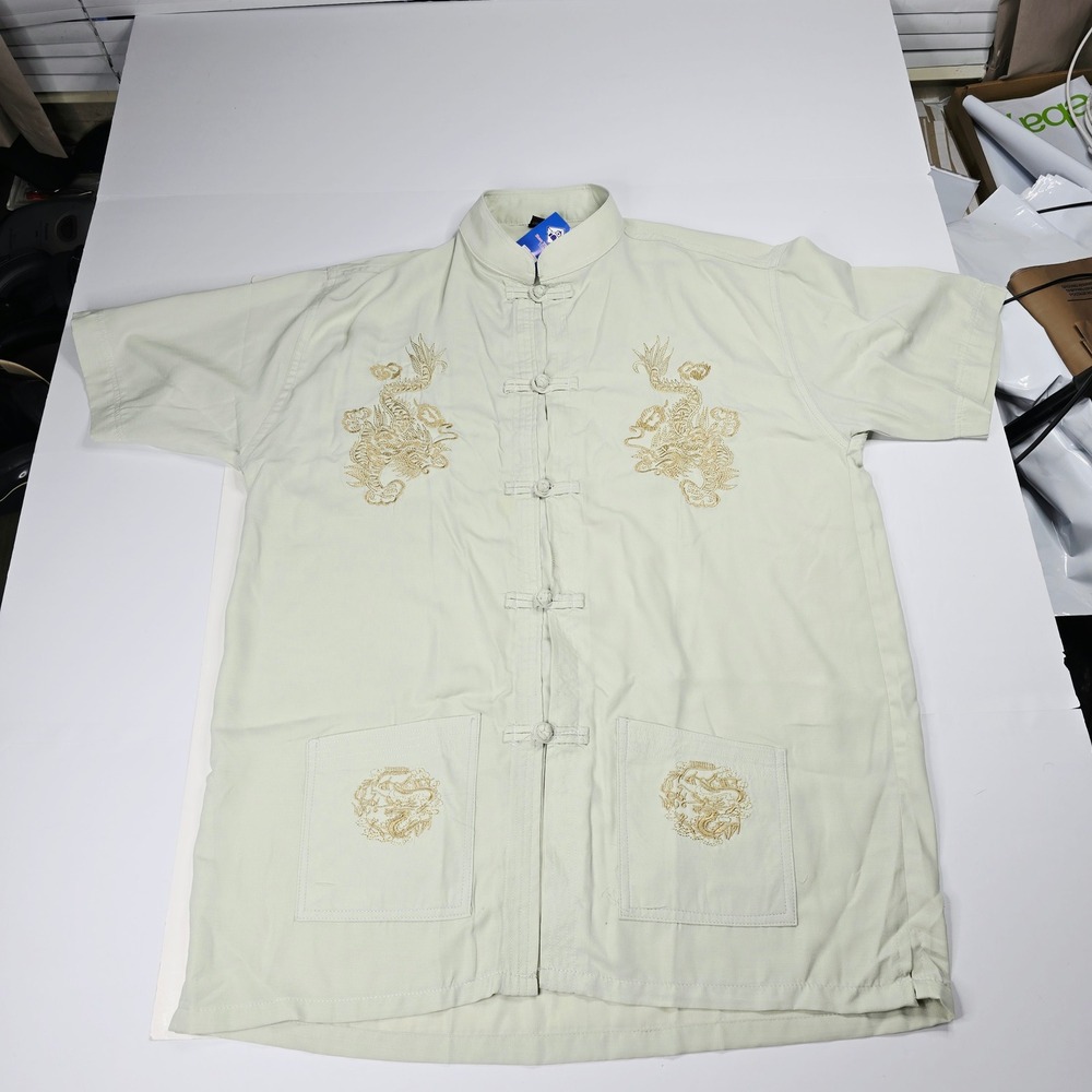 Quiksilver Dragon Embroidered Frog Button Shirt Sage Green 3XL NWT